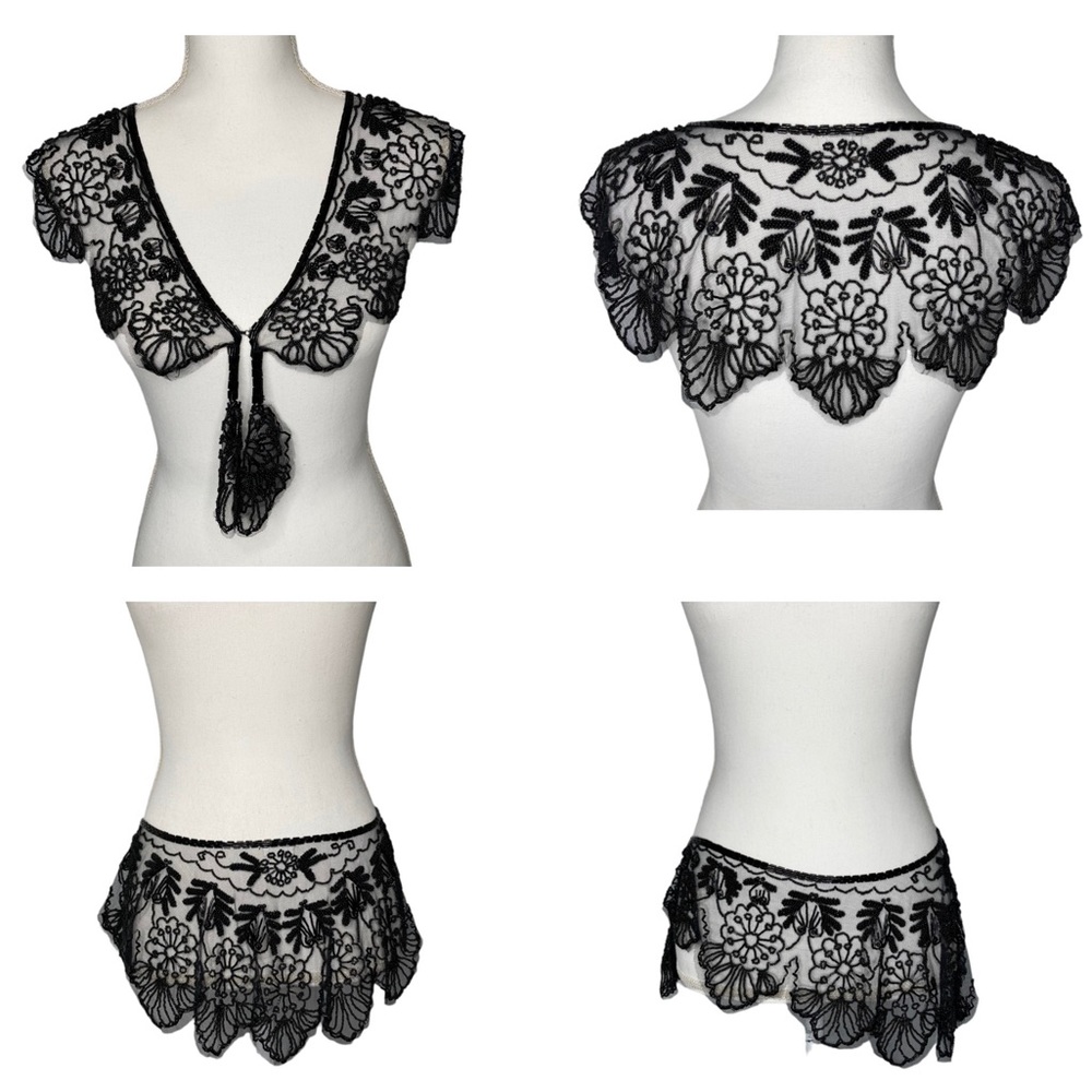 Vintage Black Beaded Mesh Floral Design Bolero Collar Shaw Belt Multi-way Piece